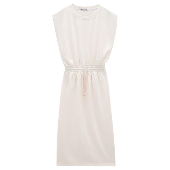 Zara Dresses & Skirts - New Zara Dress Womens M Extended Shoulder Midi Tank Cinched Drawcord Waist Ivory